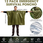 12 Pack Emergency Ponchos: Waterproof/Windproof/Thermal Survival Blanket Rain Ponchos
