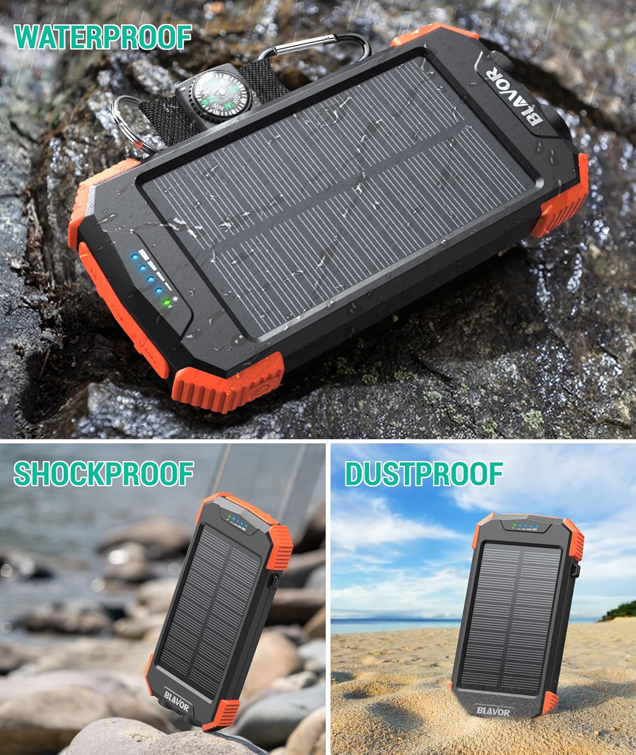 Waterproof/Shockproof/Dustproof Solar Power Bank 10,000mAh, Portable Wireless Charger